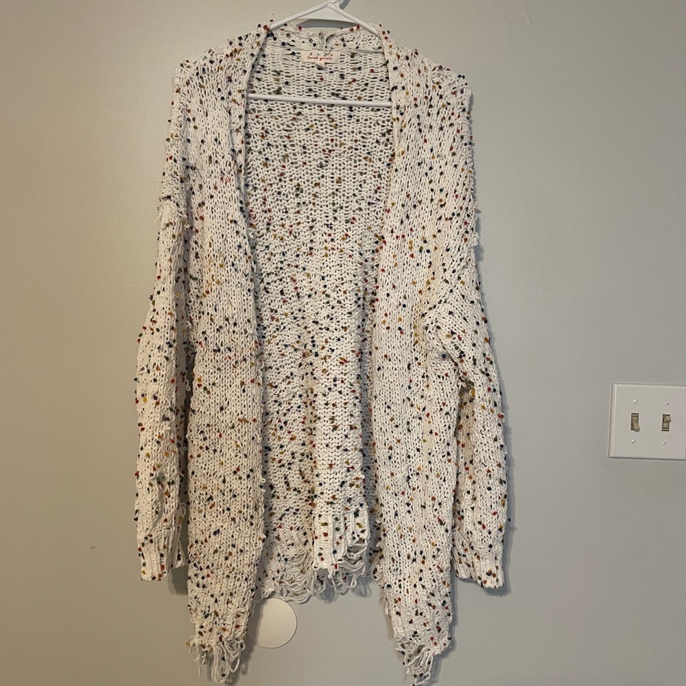 Ivory Open-Front Rainbow Speckled Knit Cardigan with Distressing
